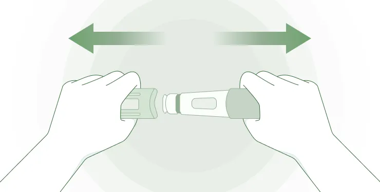 オートクリックス®の本体とキャップを両手で持ち、互いに反対方向へまっすぐ引いてキャップを外す図。