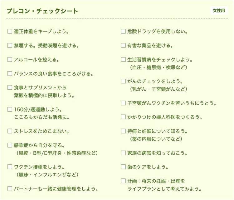 表 プレコンセプションケア・チェックシート(女性用)