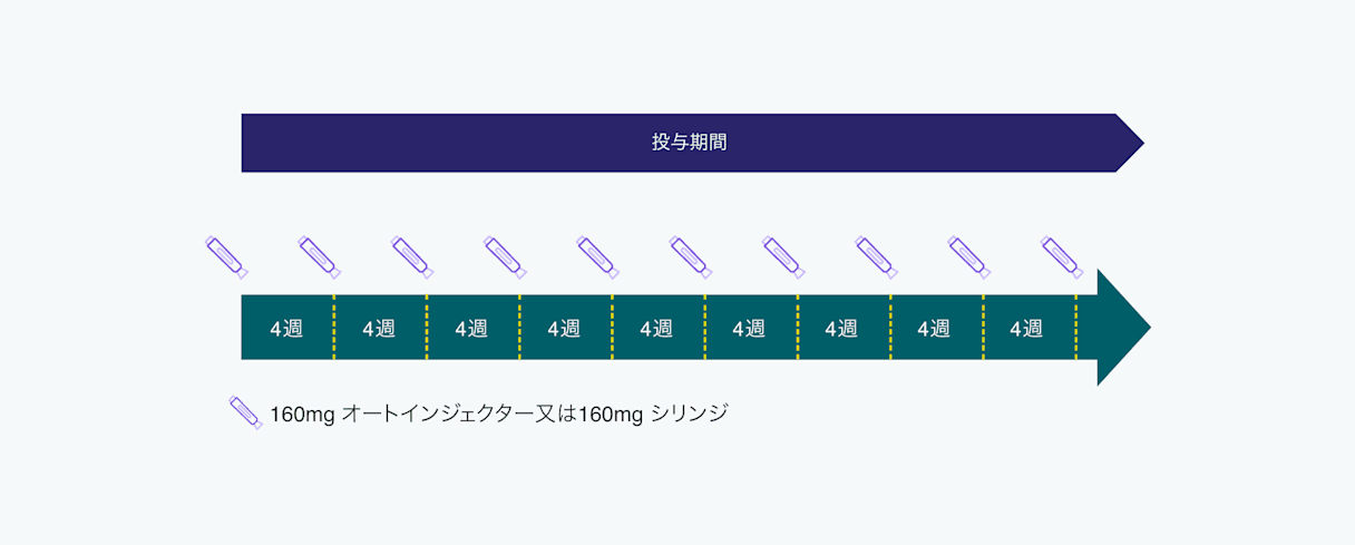 ビンゼレックスを1回160mg、4週間ごとに皮下注射する投与スケジュールを示す図