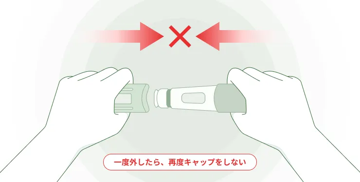 オートクリックス®の外したキャップを付け直す動作に、禁止を示す×印。一度外したら、再度キャップをしない。