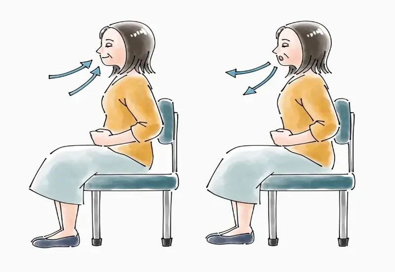 椅子に座って腹式呼吸でゆっくり吸って吐くリラックス呼吸法の手順を示した図