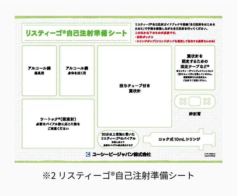 リスティーゴ®自己注射準備シート。自己注射に使用するバイアル、インジェクションセット、シリンジ、アルコール綿などを配置する位置を示したシート。