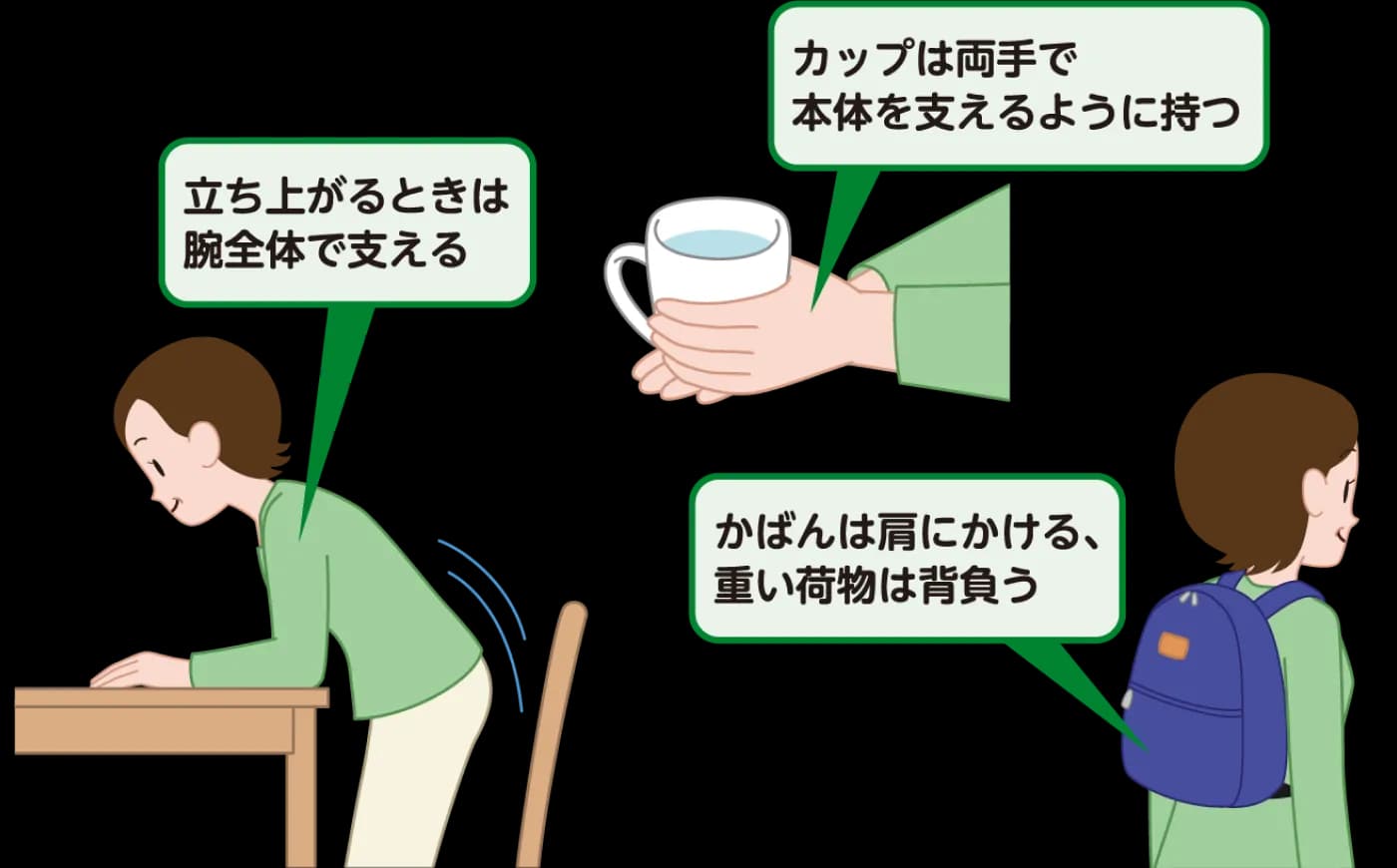 立ち上がるときは腕全体で支える。カップは両手で本体を支えるように持つ。かばんは肩にかける、重い荷物は背負う。