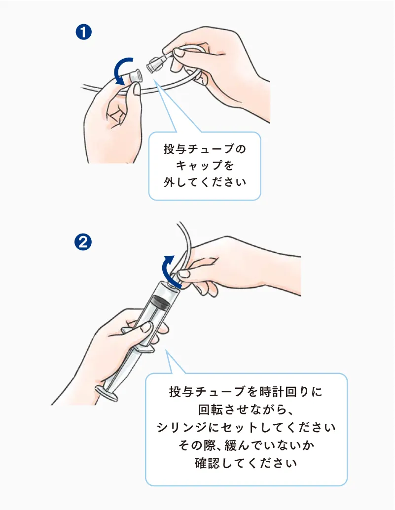 投与チューブのキャップを外し、投与チューブを時計回りに回転させながらシリンジに取り付ける手順を示している。