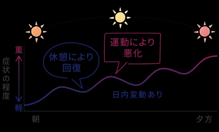 重症筋無力症(MG)の症状が日中に変動し、運動で悪化し休憩で回復する様子を示す図
