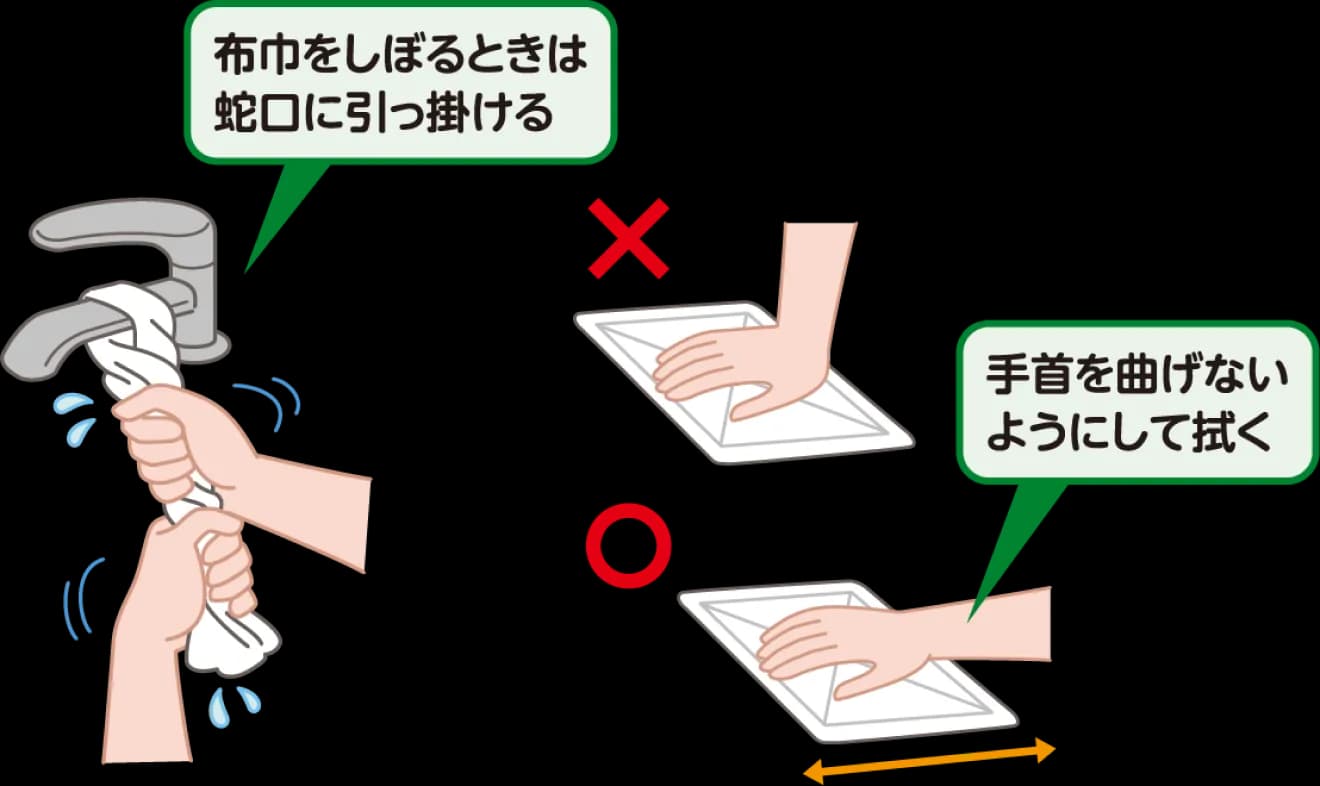 布巾をしぼるときは蛇口に引っ掛ける。手首を曲げないようにして拭く。