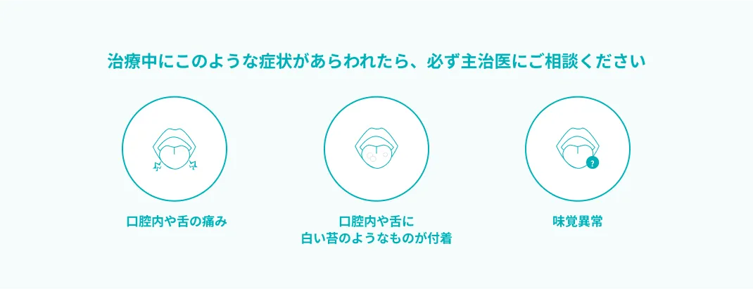 治療中にこのような症状があらわれたら、必ず主治医にご相談ください 口腔内や舌の痛み 口腔内や舌に白い苔のようなものが付着 味覚異常