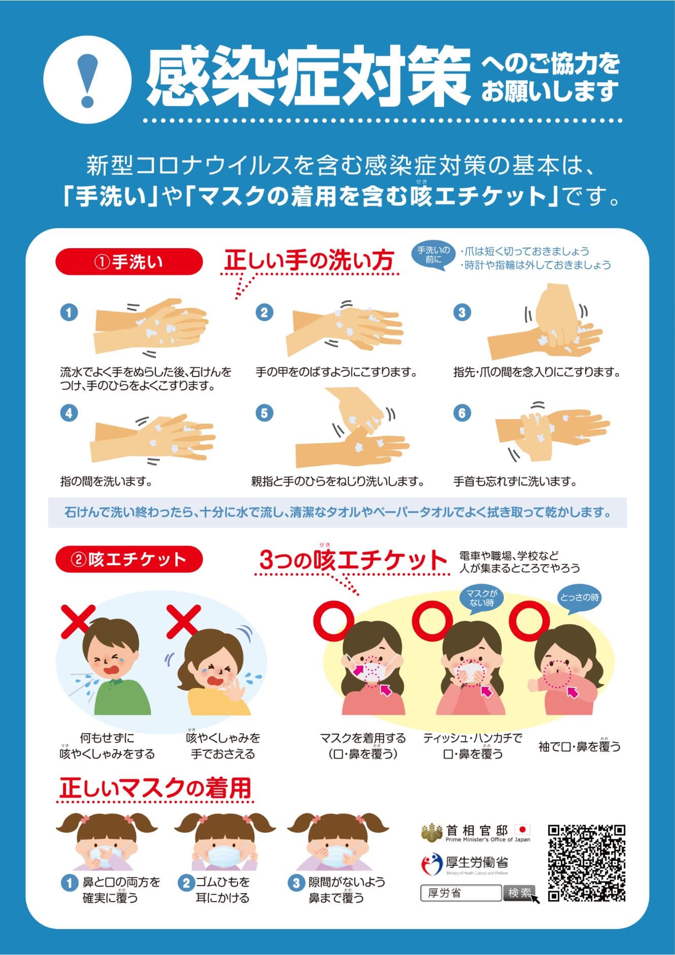 厚生労働省の感染症対策ポスター(手洗い、咳エチケット、マスクの着用方法)