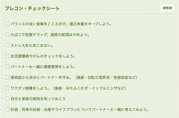 表 プレコンセプションケア・チェックシート(男性用)