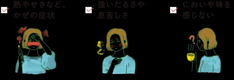 感染を疑う症状:熱やせきなどのかぜの症状、強いだるさや息苦しさ、においや味を感じない。