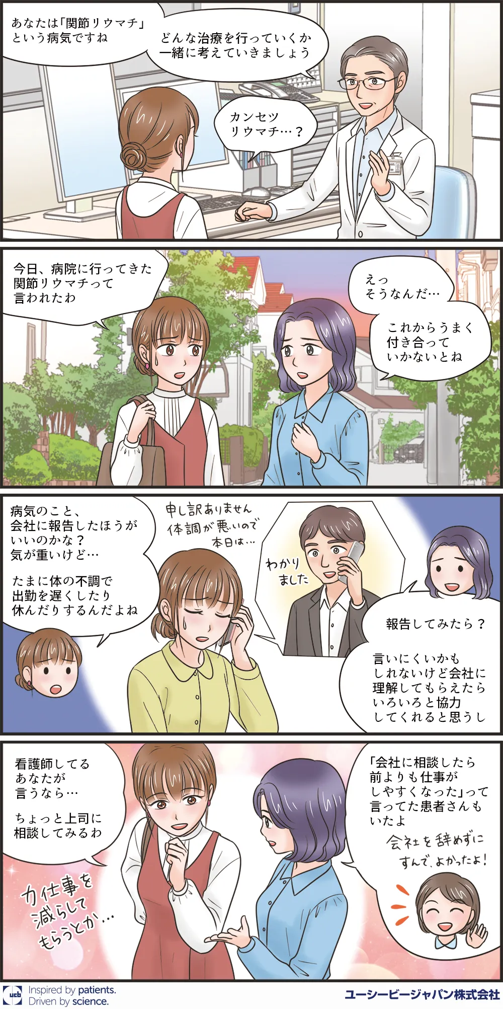 あなたは関節リウマチという病気ですね。どんな治療を行っていくか一緒に考えていきましょう。今日、病院に行ってきた。関節リウマチっていわれたわ。そうなんだ。これからうまく付き合っていかないとね。病気のこと会社に報告したほうがいいのかな?報告してみたら。言いにくいかもしれないけど会社に理解してもらえたら協力してくれると思うし。看護師しているあなたが言うなら上司に相談してみるわ。会社に相談したら前よりも仕事がしやすくなったって言ってた患者さんもいたよ