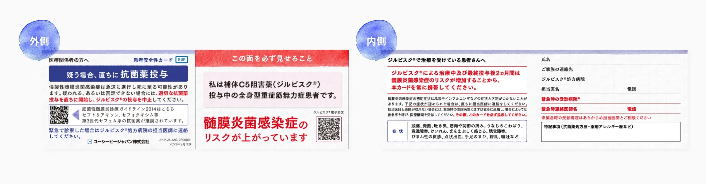ジルビスク治療中に携帯する患者安全性カードの外側と内側の内容例を示した図